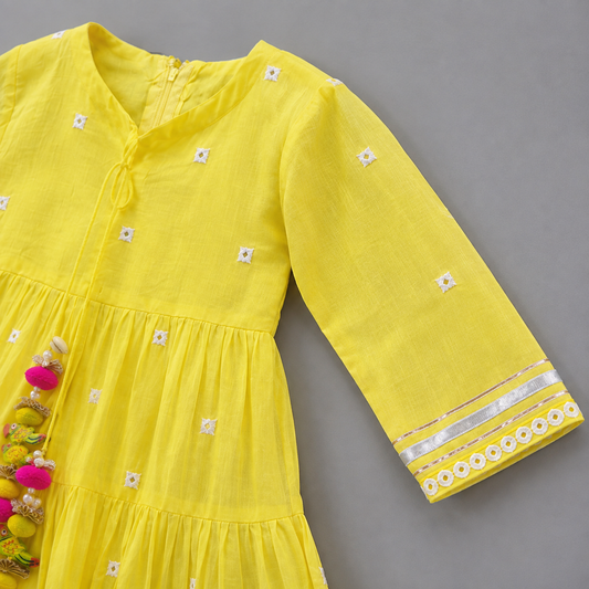 Girls Bright Yellow Festive Anarkali Dress with Gota Lace