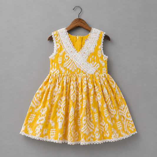 Girls Mustard Yellow Printed Kurti, White Sharara & Dupatta Set