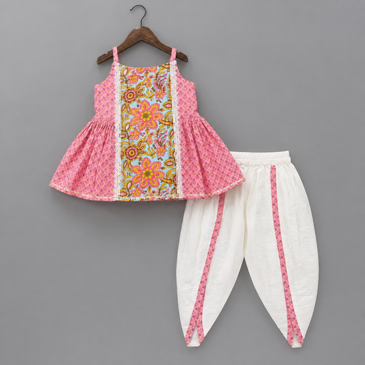 Girls Pink Floral Printed Peplum Top & Dhoti Pants Ethnic Set