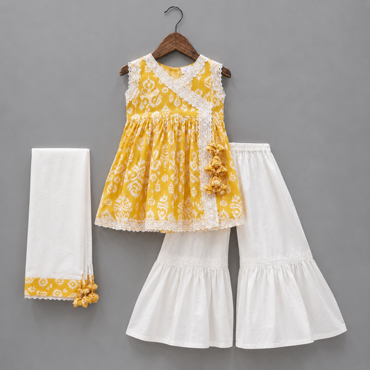 Girls Mustard Yellow Printed Kurti, White Sharara & Dupatta Set