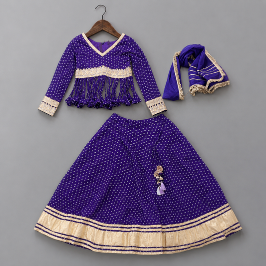Girls Royal Purple Bandhani Peplum Lehenga Set with Dupatta