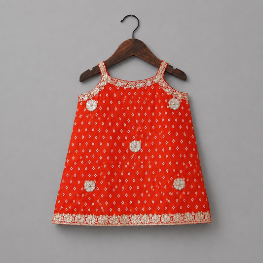 Girls Red Bandhani Embroidered Kurti, Sharara & Dupatta Set
