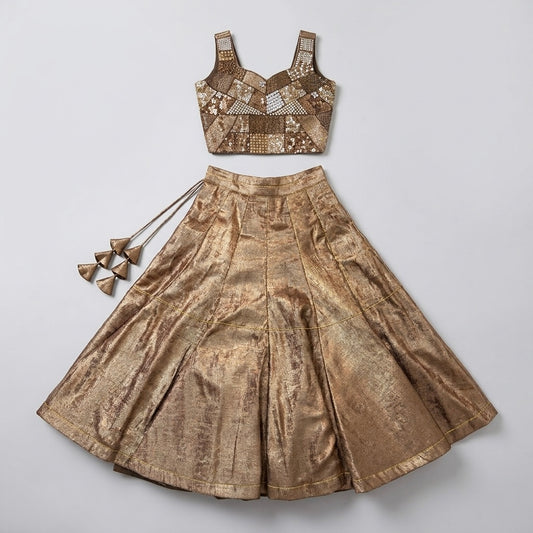 Girls Metallic Gold Embellished Lehenga Choli Set