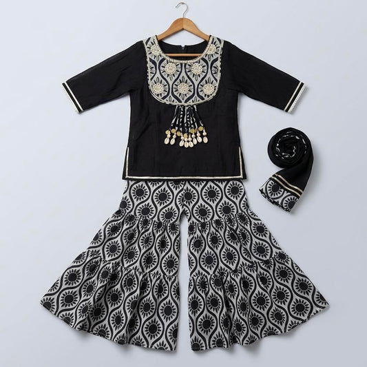 Girls Black & White Embellished Kurti Sharara Set with Dupatta