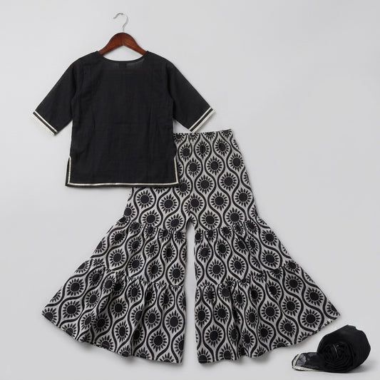 Girls Black & White Embellished Kurti Sharara Set with Dupatta