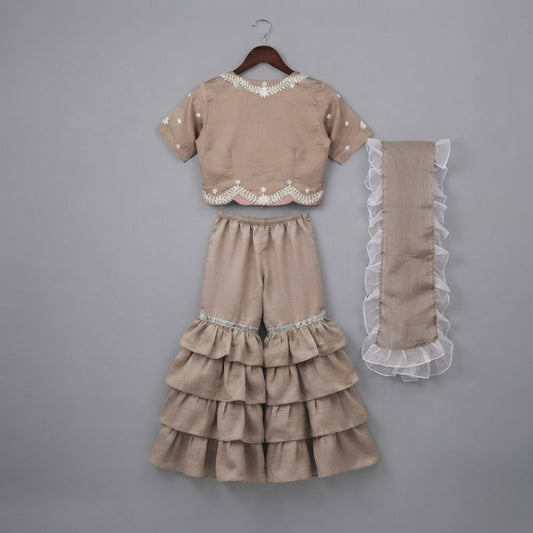 Girls Beige Ruffle Gharara Set with Embroidered Top & Dupatta