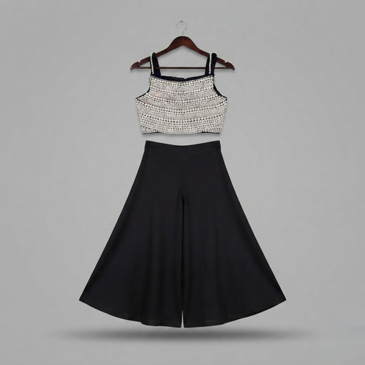 Girls Black Pearl-Style Embellished Crop Top Palazzo Set