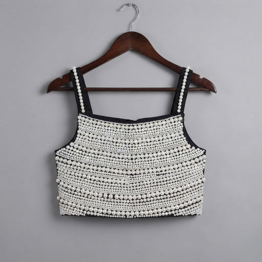 Girls Black Pearl-Style Embellished Crop Top Palazzo Set
