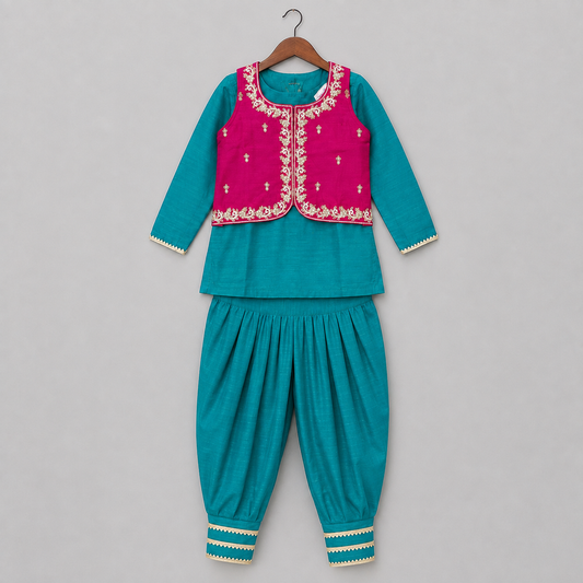 Girls Teal Ethnic Kurta Dhoti Set with Pink Embellished Jacket