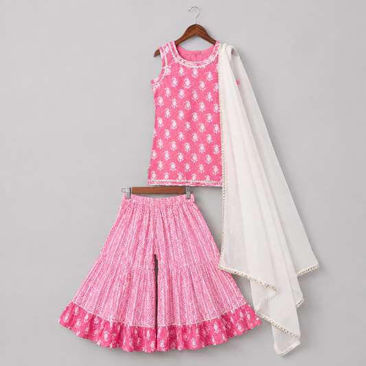 Girls Pink Ethnic Kurti Sharara Set with Dupatta