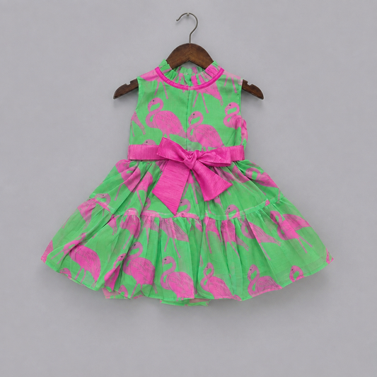 Girls Mint Green Flamingo Print Dress with Pink Bow Belt