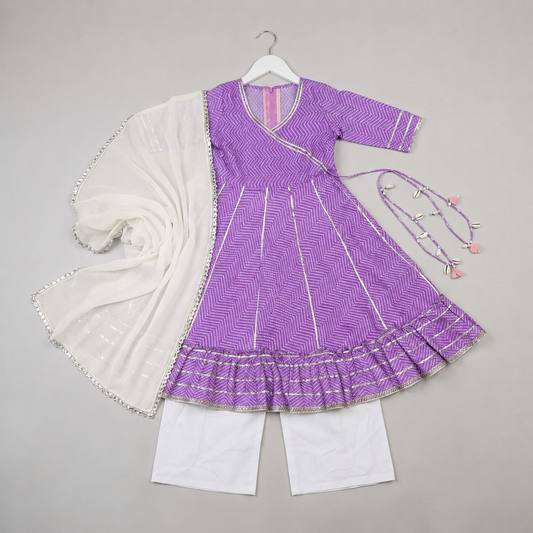 Girls Lavender Printed Anarkali Kurta Set with White Pants & Dupatta