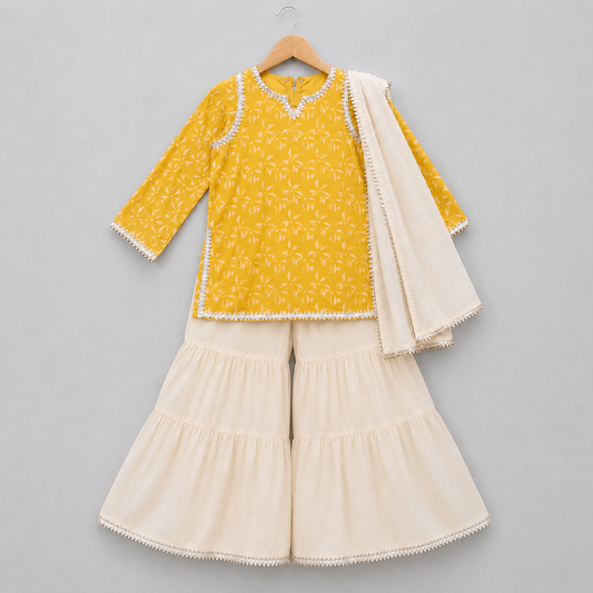 Girls Mustard Yellow Floral Kurta & Ivory Sharara Set with Dupatta