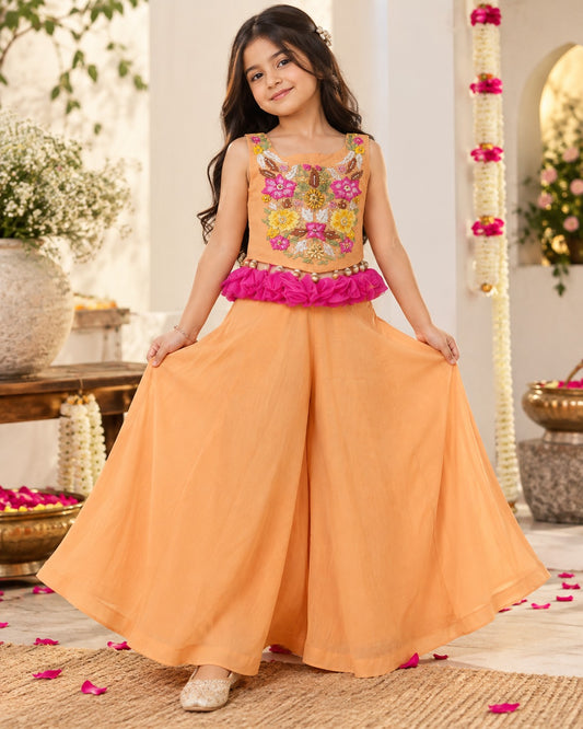 Peach Cotton Floral Embroidered Girls’ Co-Ord Set