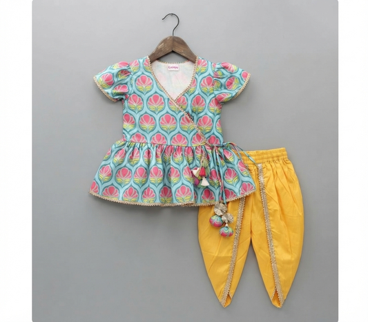 Girls Floral Peplum Kurti & Yellow Dhoti Pants Ethnic Set