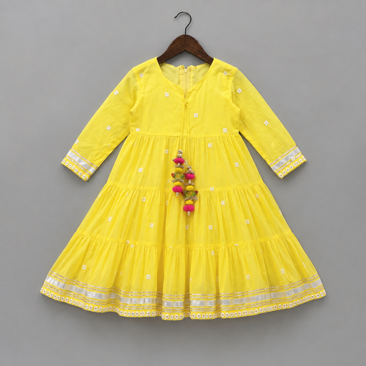 Girls Bright Yellow Festive Anarkali Dress with Gota Lace