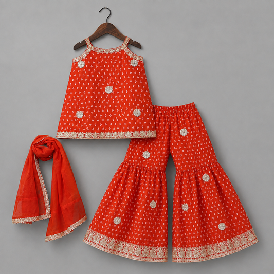 Girls Red Bandhani Embroidered Kurti, Sharara & Dupatta Set