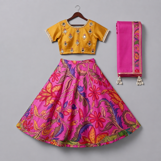 Girls Mustard Yellow Choli & Pink Floral Lehenga Set with Dupatta