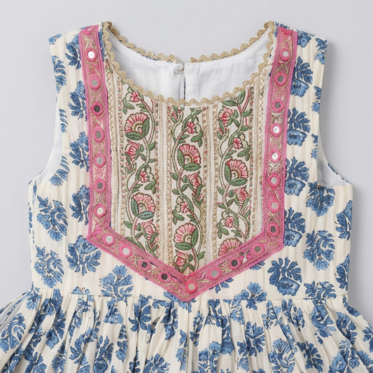 Girls Blue Floral Peplum Kurti Gharara Set with Pink Dupatta
