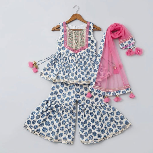 Girls Blue Floral Peplum Kurti Gharara Set with Pink Dupatta