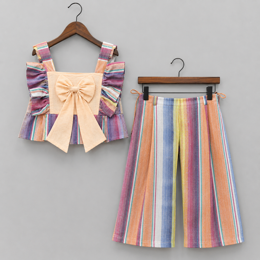 Girls Pastel Rainbow Striped Co-ord Set with Bow Detail