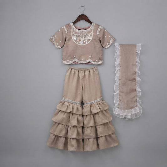 Girls Beige Ruffle Gharara Set with Embroidered Top & Dupatta