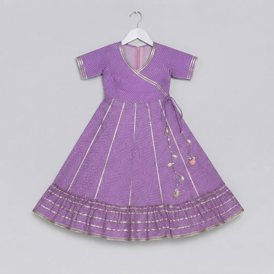 Girls Lavender Printed Anarkali Kurta Set with White Pants & Dupatta