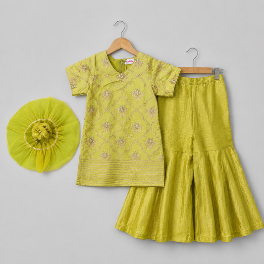 Girls Mehendi Green Festive Kurti Gharara Set with Embellished Dupatta