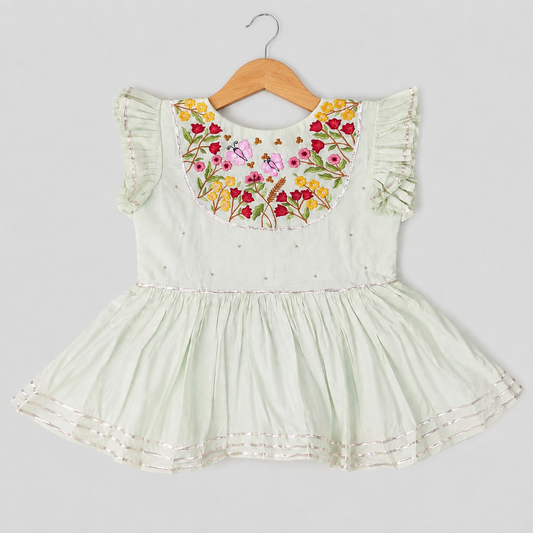 Girls Mint Green Embroidered Ruffle Top & Gharara Set