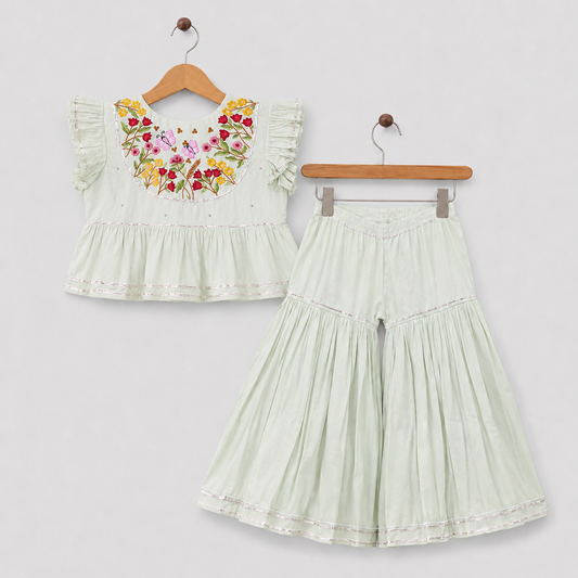 Girls Mint Green Embroidered Ruffle Top & Gharara Set