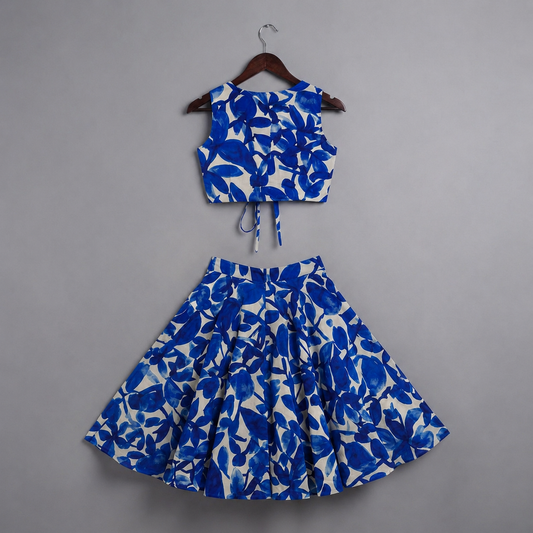 Girls Blue & White Floral Crop Top Lehenga Set with 3D Flower Detail