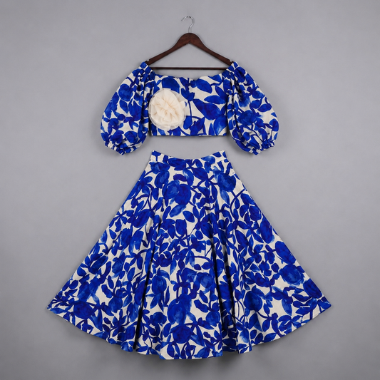 Girls Blue & White Floral Crop Top Lehenga Set with 3D Flower Detail