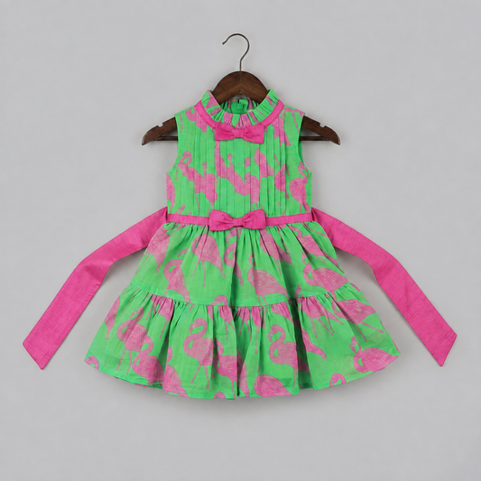 Girls Mint Green Flamingo Print Dress with Pink Bow Belt