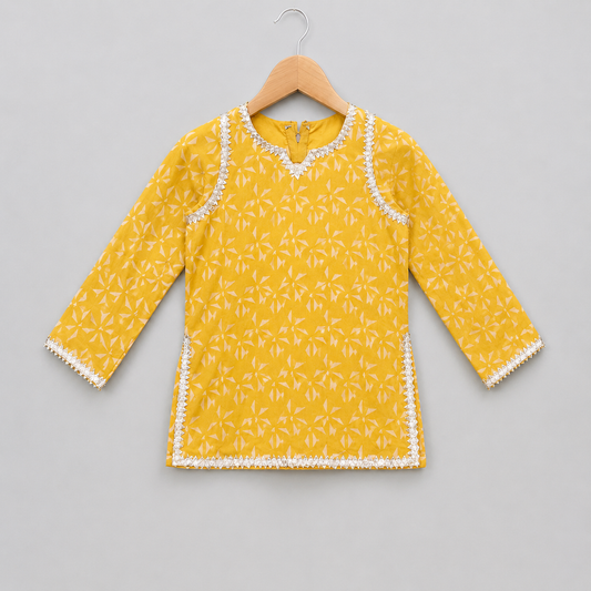 Girls Mustard Yellow Floral Kurta & Ivory Sharara Set with Dupatta