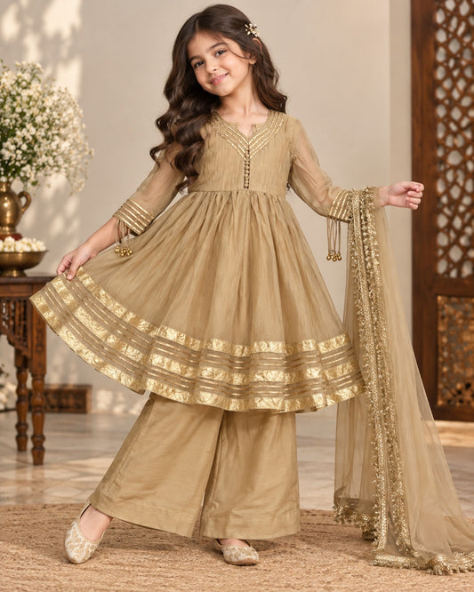 Girls’ Premium Tissue Fabric Ethnic Anarkali Suit Set with Dupatta – Golden