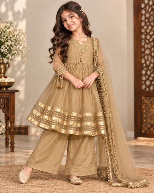 Girls’ Premium Tissue Fabric Ethnic Anarkali Suit Set with Dupatta – Golden