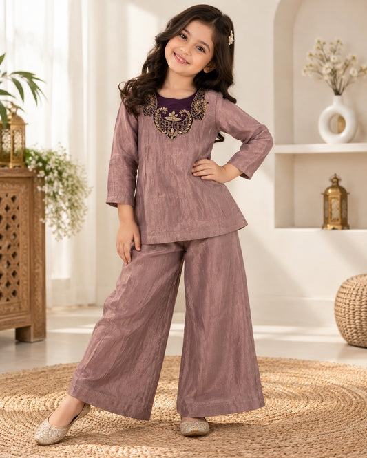 Girls’ Mauve Tissue Kurta & Palazzo Set with Embroidered Neckline