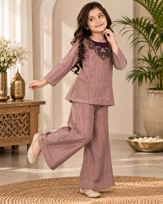 Girls’ Mauve Tissue Kurta & Palazzo Set with Embroidered Neckline