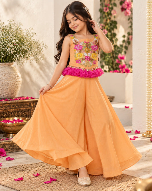 Peach Cotton Floral Embroidered Girls’ Co-Ord Set
