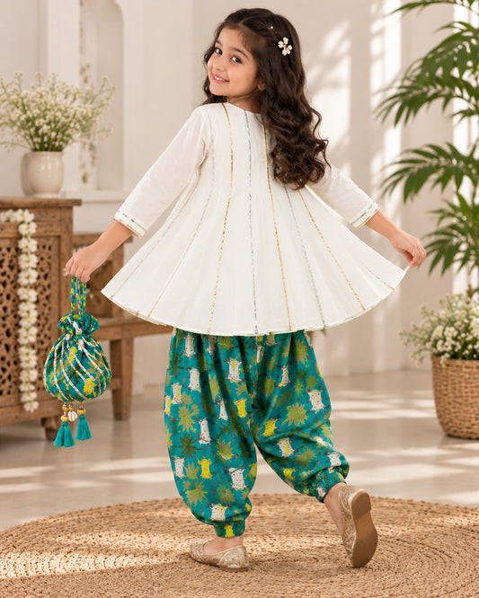 Girls’ White Cotton Flared Kurta with Printed Glace Cotton Patiala