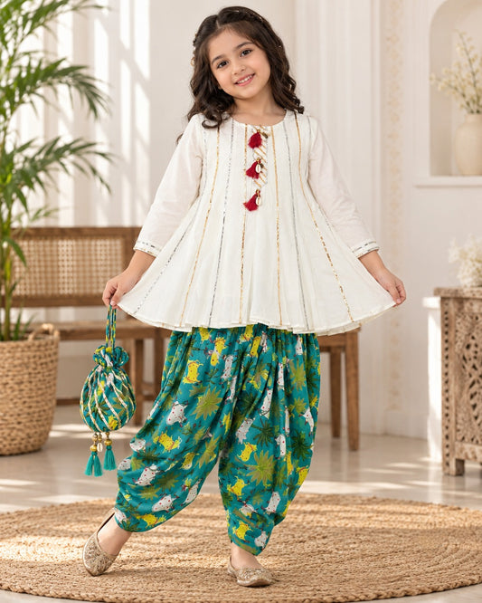 Girls’ White Cotton Flared Kurta with Printed Glace Cotton Patiala